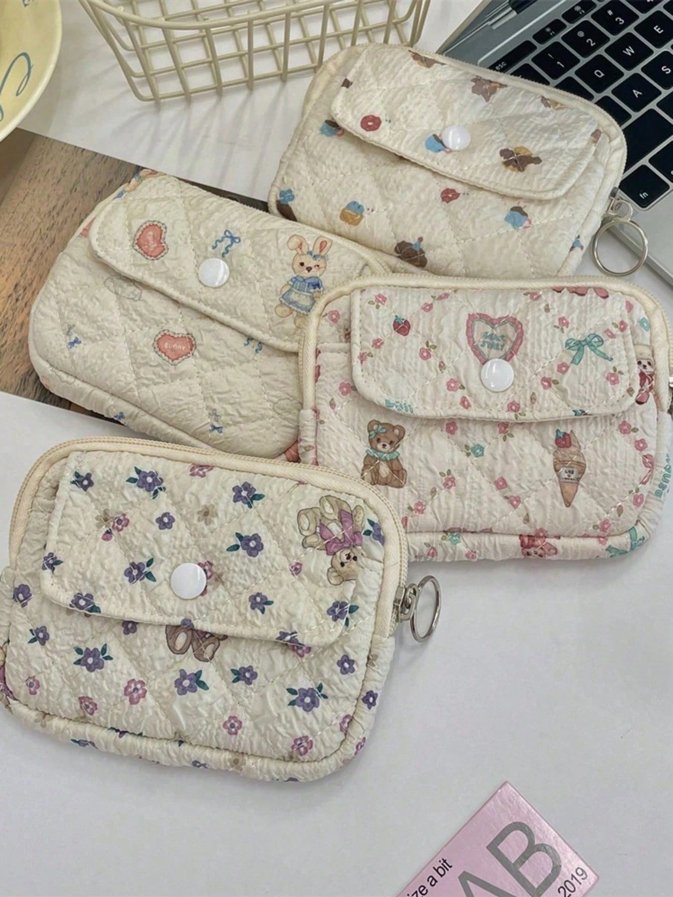 Cute Floral Print Coin Purse Lipstick Bag Cartoon Short Wallet Card Holder Storage Bag Money Bag Kawaii Plush Coin Purse Cute Mini Coin Bag Pouch