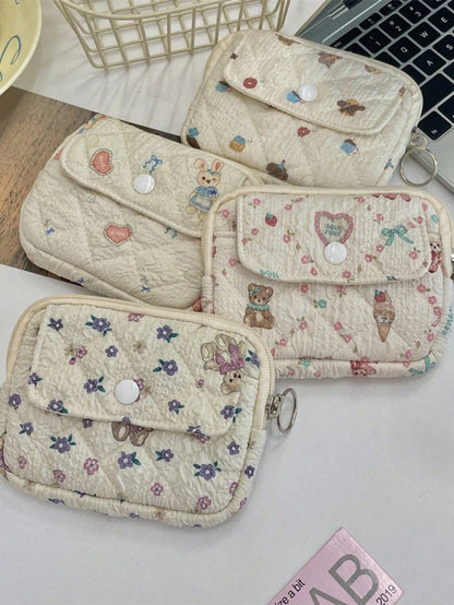 Cute Floral Print Coin Purse Lipstick Bag Cartoon Short Wallet Card Holder Storage Bag Money Bag Kawaii Plush Coin Purse Cute Mini Coin Bag Pouch