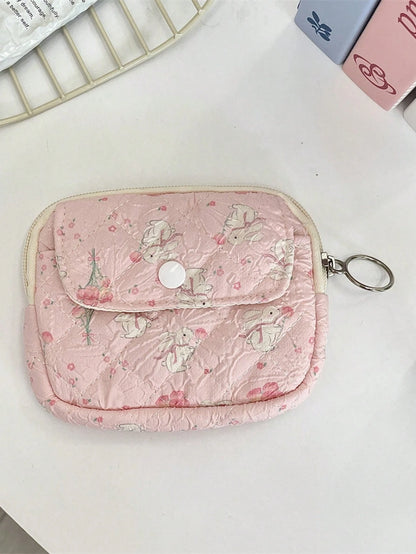 Cute Floral Print Coin Purse Lipstick Bag Cartoon Short Wallet Card Holder Storage Bag Money Bag Kawaii Plush Coin Purse Cute Mini Coin Bag Pouch