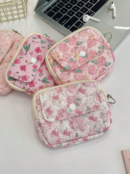 Cute Floral Print Coin Purse Lipstick Bag Cartoon Short Wallet Card Holder Storage Bag Money Bag Kawaii Plush Coin Purse Cute Mini Coin Bag Pouch