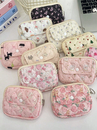 Cute Floral Print Coin Purse Lipstick Bag Cartoon Short Wallet Card Holder Storage Bag Money Bag Kawaii Plush Coin Purse Cute Mini Coin Bag Pouch