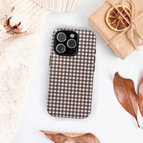 Cute Plaid Element Fashion Cute Plaid Pattern Fashion Plaid Patchwork Phone Case, Cute Concentrated Coffee Brown Autumn Phone Case, Compatible With IPhone 17, 16 Pro Max, 15 Pro, 14 Plus, 13 Pro Max