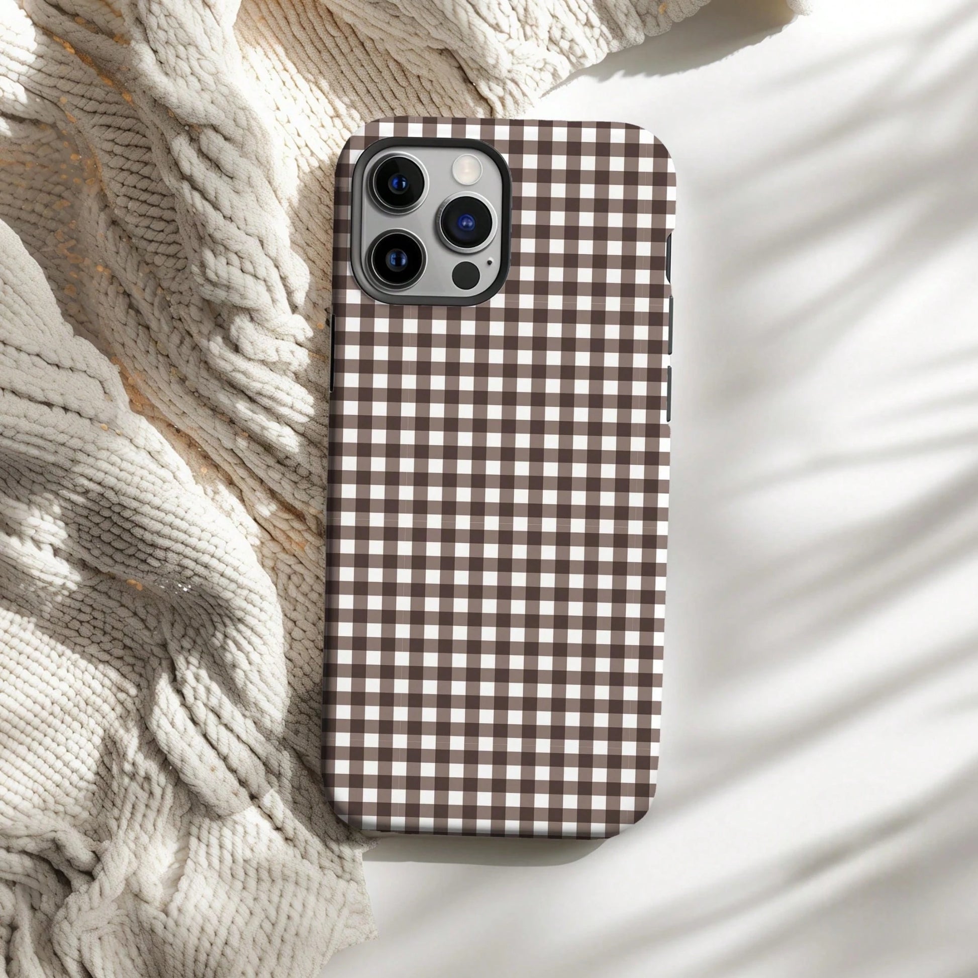 Cute Plaid Element Fashion Cute Plaid Pattern Fashion Plaid Patchwork Phone Case, Cute Concentrated Coffee Brown Autumn Phone Case, Compatible With IPhone 17, 16 Pro Max, 15 Pro, 14 Plus, 13 Pro Max