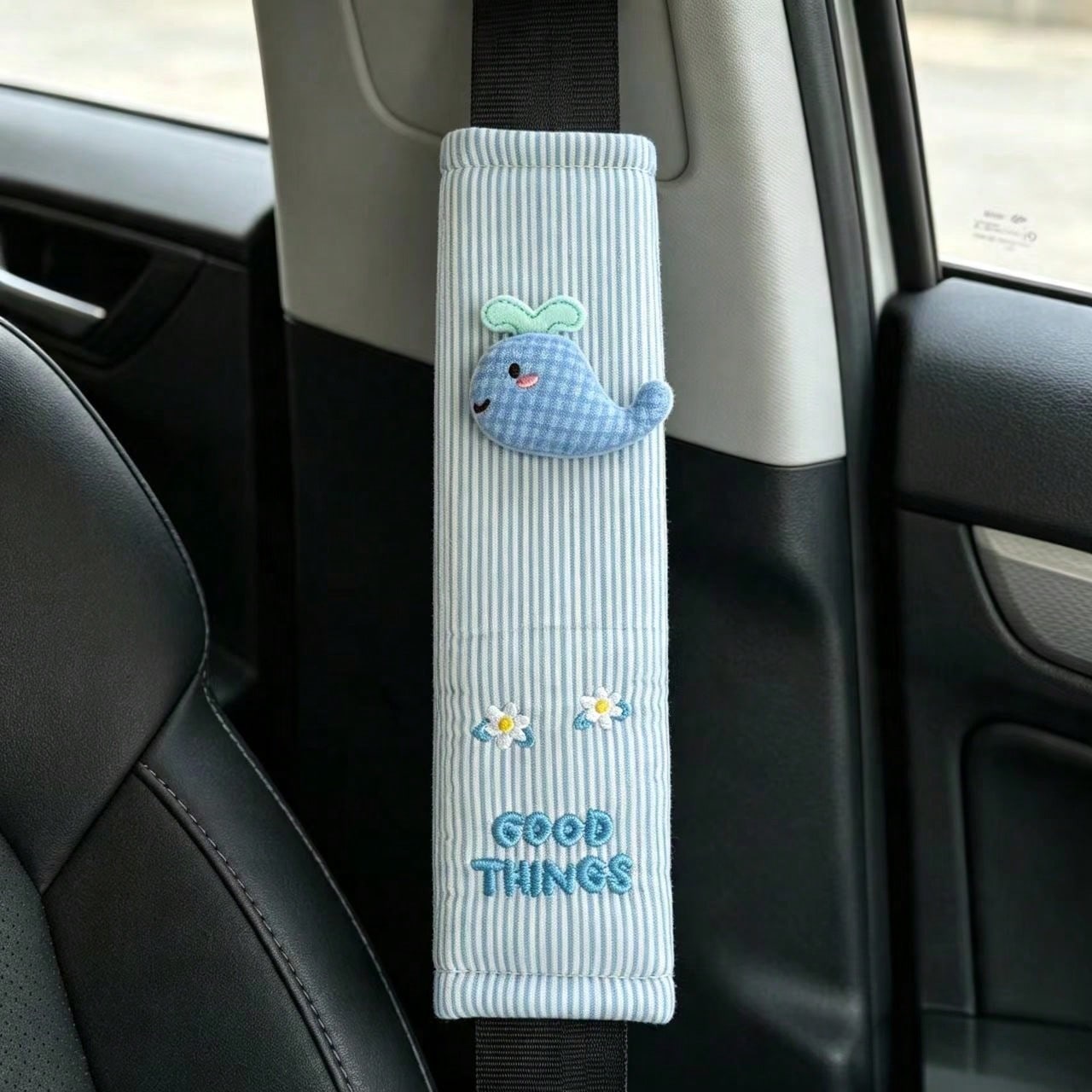 Cute Whale Embroidery Seat Belt Cover Soft Striped Car Seatbelt Shoulder Protector Pad Car Interior Decoration