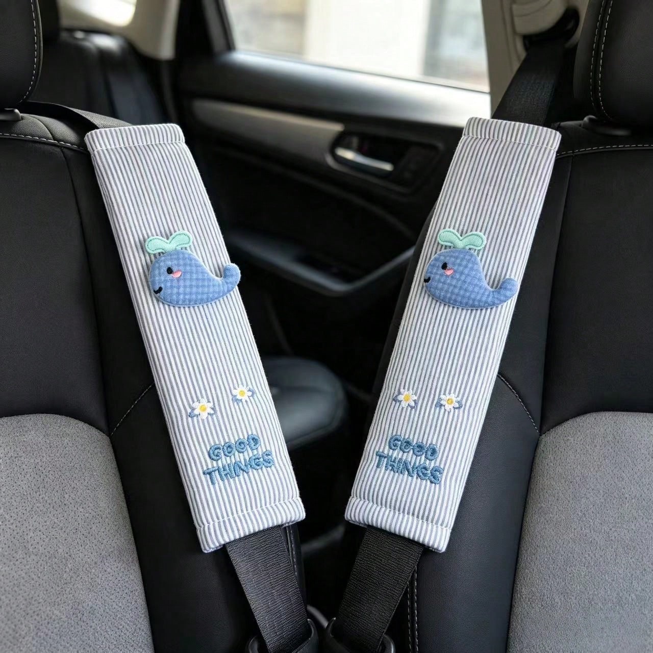 Cute Whale Embroidery Seat Belt Cover Soft Striped Car Seatbelt Shoulder Protector Pad Car Interior Decoration