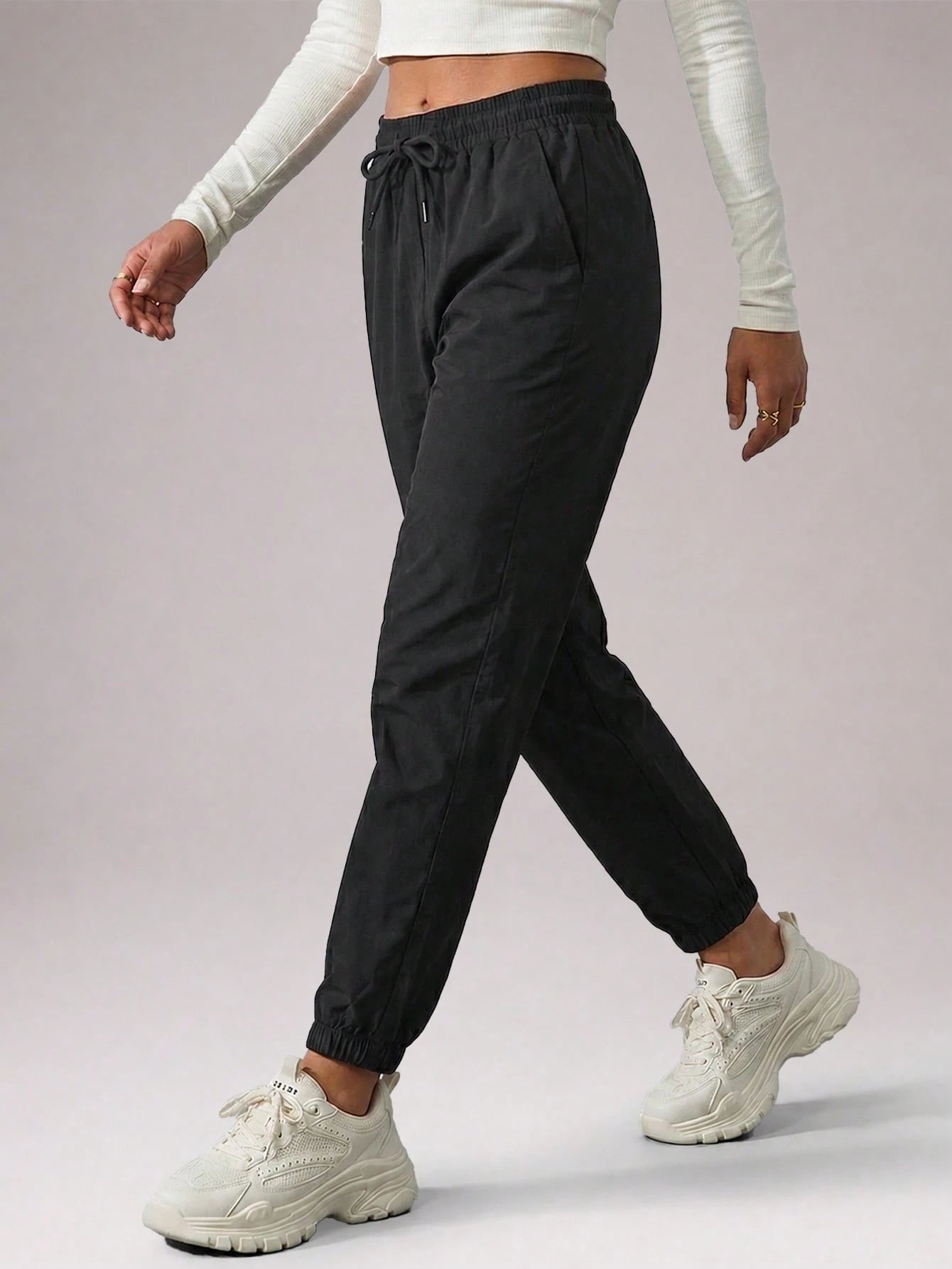 CZRLHYT Women's Drawstring Waist Khaki Pants, Lightweight & Breathable, Rolled Hem Design, Versatile For Daily Wear, Outdoor Sports & Casual