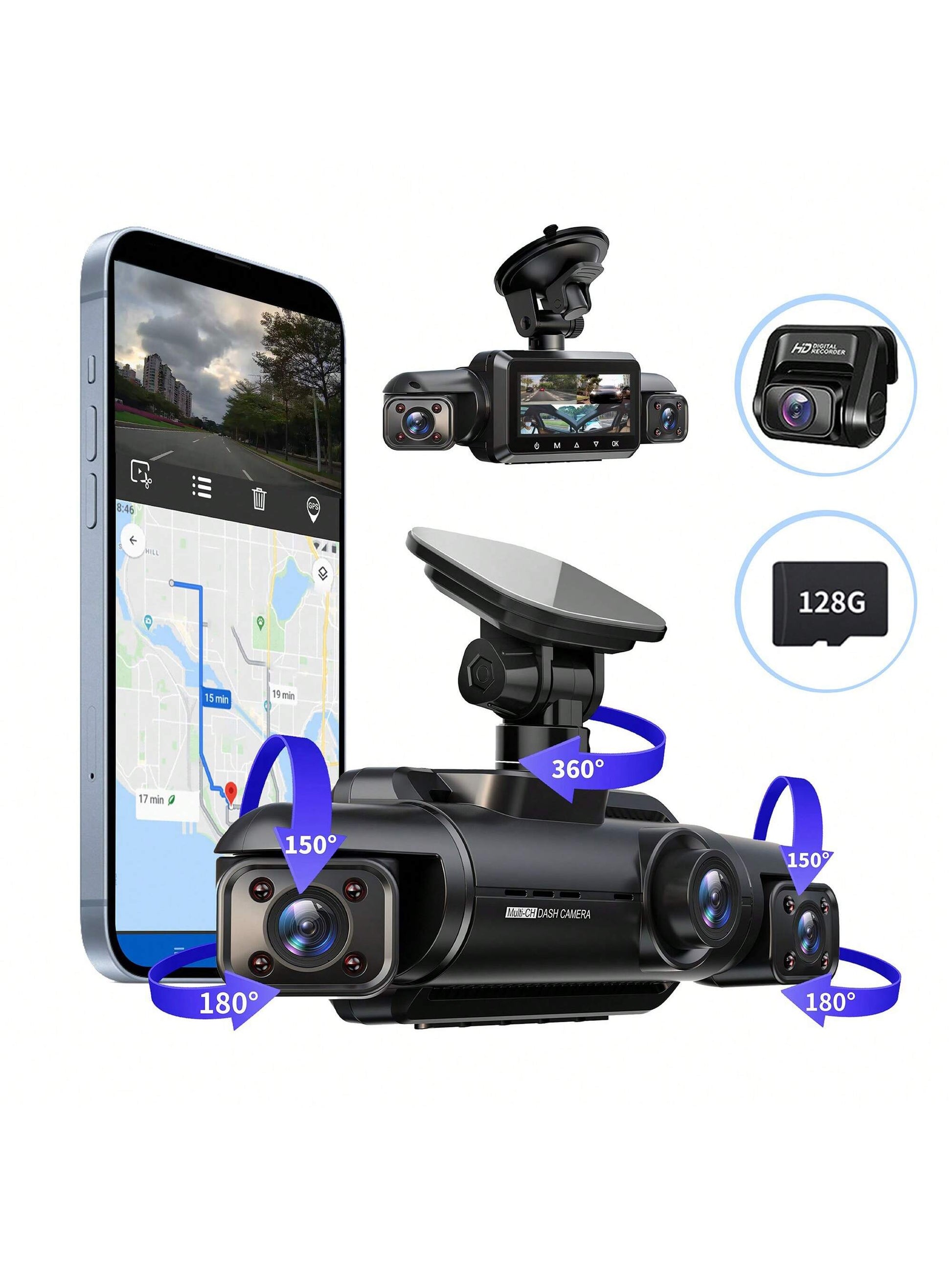 Dash Cam 360 Degree For Car Cameras, 4 Channels FHD 4 * 1080P, Wi-Fi GPS Car Camera, Free 128GB SD Card, Night Vision
