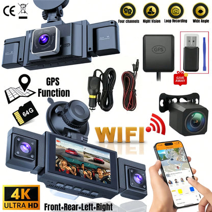 Dash Camera For Cars, 4K 4-Channel Dash Cam – HDR Night Vision, 4K + 1080P + 1080P + 1080P Quad Recording (Front/Interior/Rear), WiFi & GPS, 24 Parking Mode, Loop Recording, 4x 170° Ultra-Wide Lenses