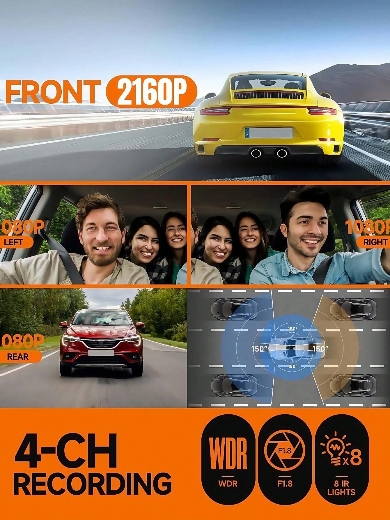 Dash Camera For Cars, 4K 4-Channel Dash Cam – HDR Night Vision, 4K + 1080P + 1080P + 1080P Quad Recording (Front/Interior/Rear), WiFi & GPS, 24 Parking Mode, Loop Recording, 4x 170° Ultra-Wide Lenses