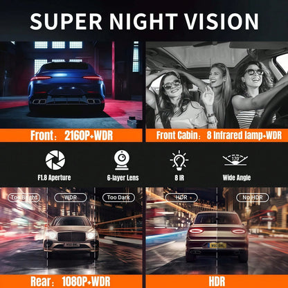Dash Camera For Cars, 4K 4-Channel Dash Cam – HDR Night Vision, 4K + 1080P + 1080P + 1080P Quad Recording (Front/Interior/Rear), WiFi & GPS, 24 Parking Mode, Loop Recording, 4x 170° Ultra-Wide Lenses