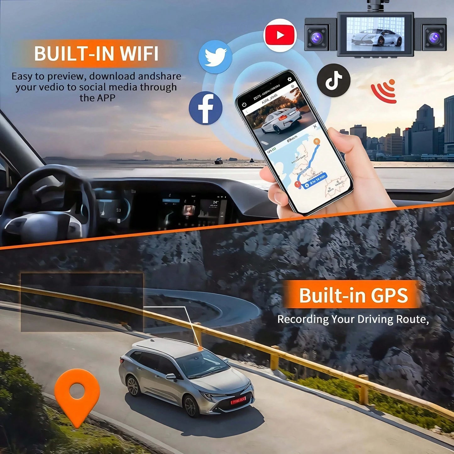 Dash Camera For Cars, 4K 4-Channel Dash Cam – HDR Night Vision, 4K + 1080P + 1080P + 1080P Quad Recording (Front/Interior/Rear), WiFi & GPS, 24 Parking Mode, Loop Recording, 4x 170° Ultra-Wide Lenses