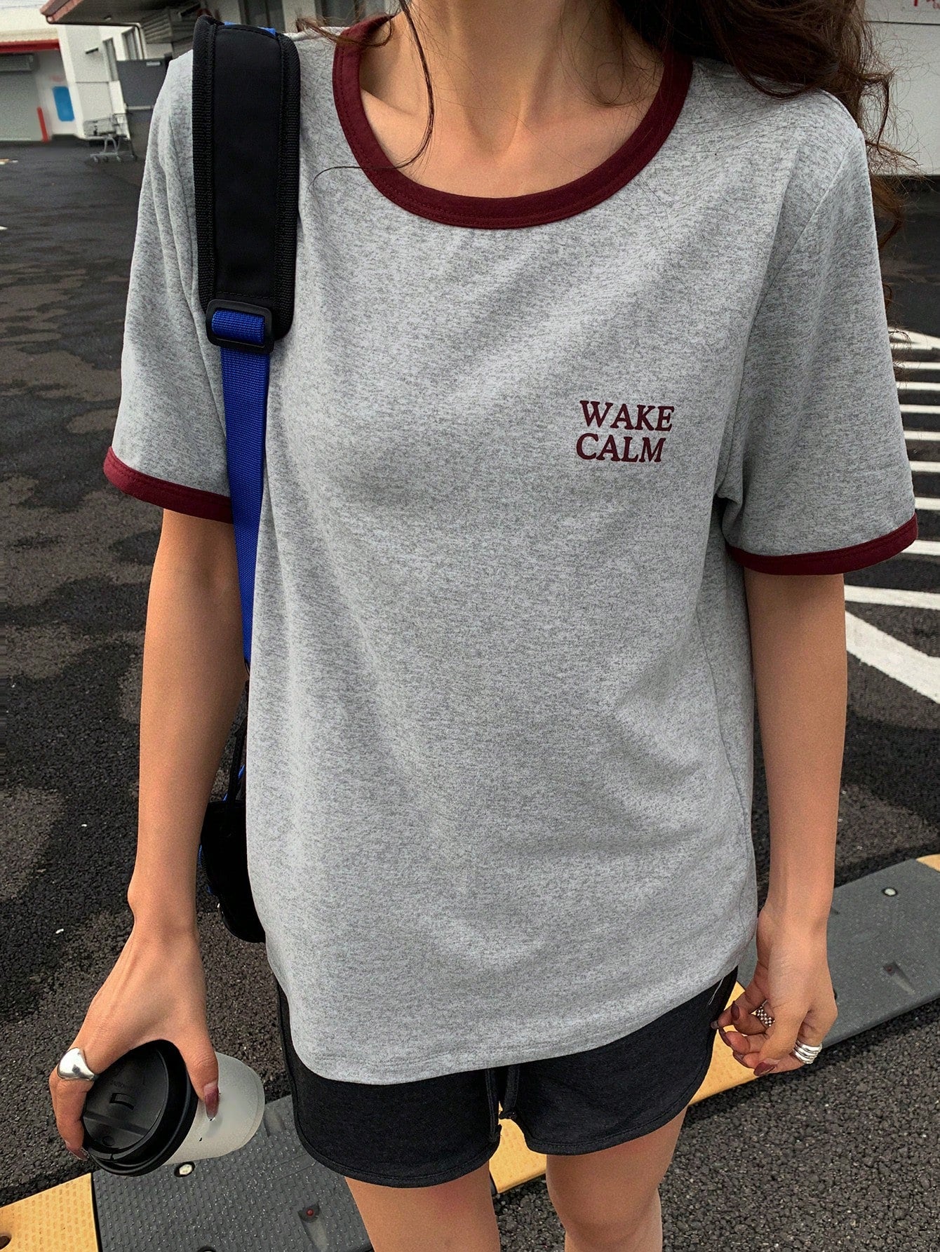 DAZY Colorblock Splice 2 In 1 Letter Print Round Neck Minimalist Short Sleeve T-Shirt For Women