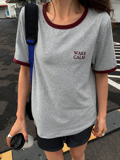 DAZY Colorblock Splice 2 In 1 Letter Print Round Neck Minimalist Short Sleeve T-Shirt For Women