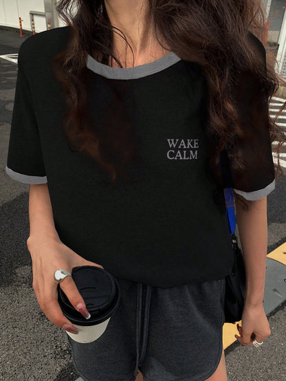 DAZY Colorblock Splice 2 In 1 Letter Print Round Neck Minimalist Short Sleeve T-Shirt For Women