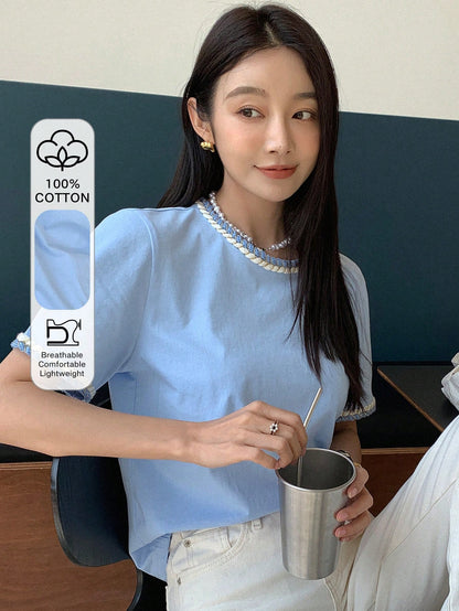 DAZY Contrast Trim Puff Sleeve Tee