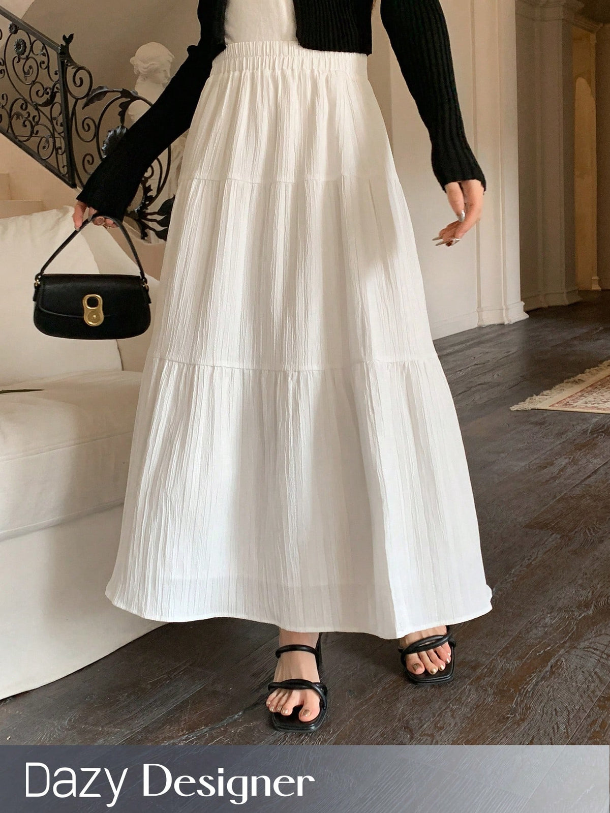 Dazy Designer Solid Elastic Waist Tiered Hem Skirt,Ladies Casual Ruffle Hem Long Loose Natural White Plain Women Skirts,Spring/Fall,Casual Daily Wear