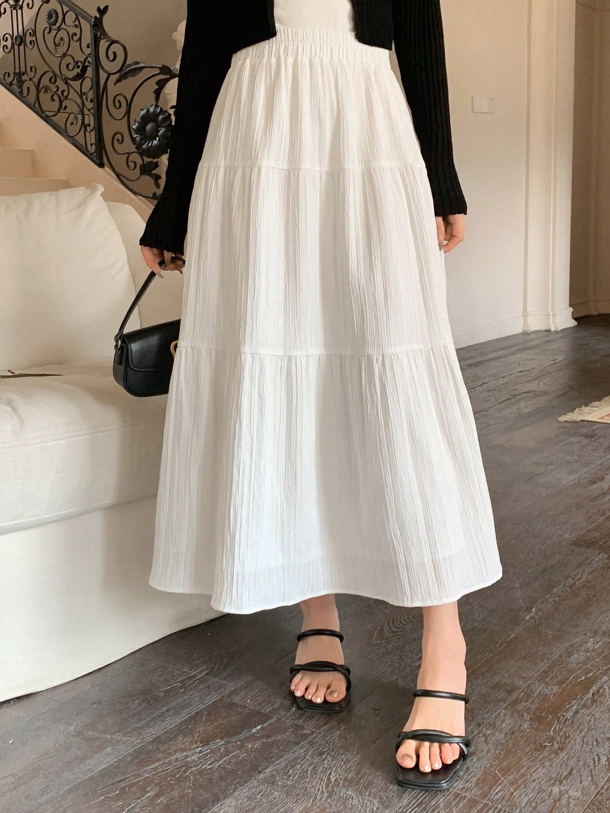 Dazy Designer Solid Elastic Waist Tiered Hem Skirt,Ladies Casual Ruffle Hem Long Loose Natural White Plain Women Skirts,Spring/Fall,Casual Daily Wear