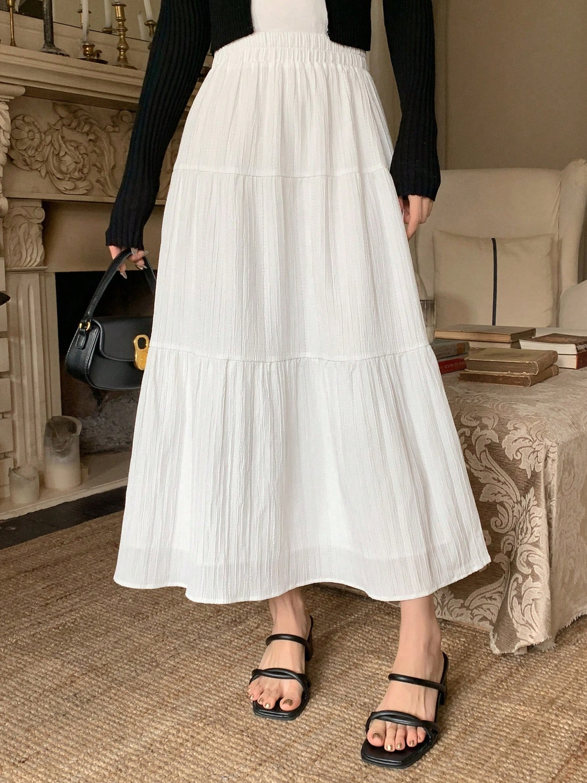Dazy Designer Solid Elastic Waist Tiered Hem Skirt,Ladies Casual Ruffle Hem Long Loose Natural White Plain Women Skirts,Spring/Fall,Casual Daily Wear