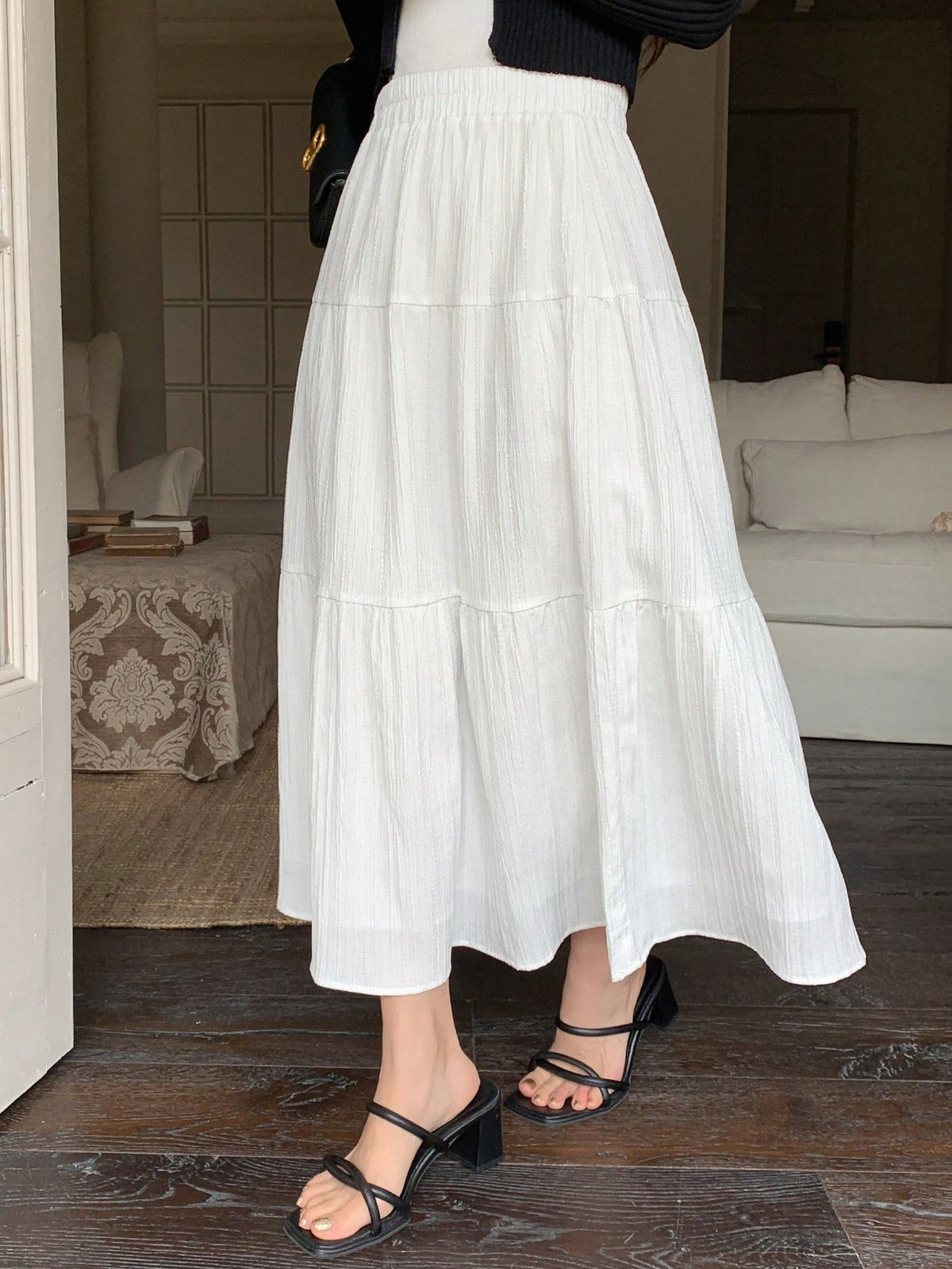 Dazy Designer Solid Elastic Waist Tiered Hem Skirt,Ladies Casual Ruffle Hem Long Loose Natural White Plain Women Skirts,Spring/Fall,Casual Daily Wear