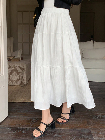 Dazy Designer Solid Elastic Waist Tiered Hem Skirt,Ladies Casual Ruffle Hem Long Loose Natural White Plain Women Skirts,Spring/Fall,Casual Daily Wear
