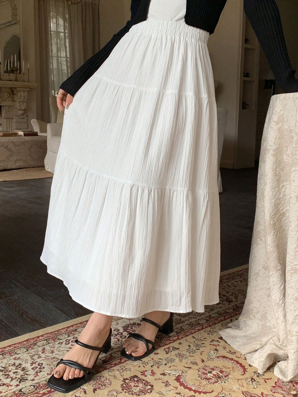 Dazy Designer Solid Elastic Waist Tiered Hem Skirt,Ladies Casual Ruffle Hem Long Loose Natural White Plain Women Skirts,Spring/Fall,Casual Daily Wear