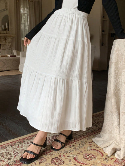 Dazy Designer Solid Elastic Waist Tiered Hem Skirt,Ladies Casual Ruffle Hem Long Loose Natural White Plain Women Skirts,Spring/Fall,Casual Daily Wear