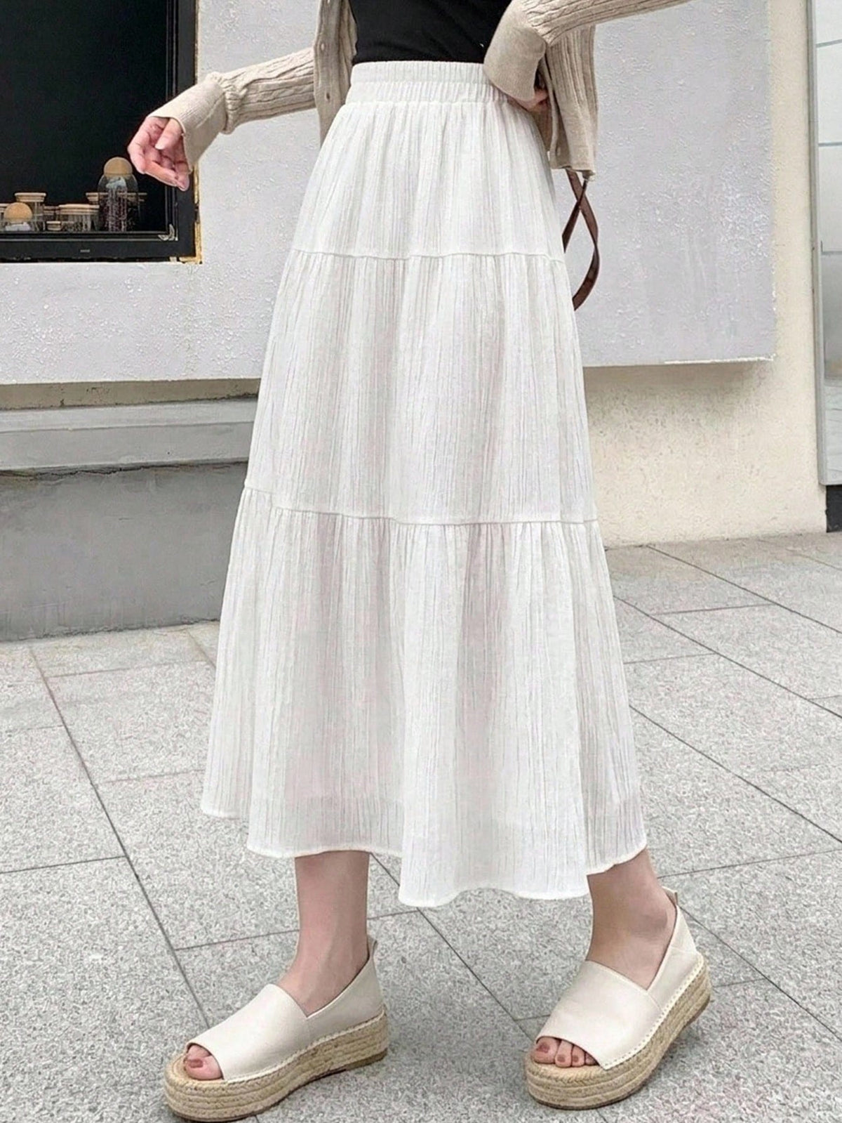 Dazy Designer Solid Elastic Waist Tiered Hem Skirt,Ladies Casual Ruffle Hem Long Loose Natural White Plain Women Skirts,Spring/Fall,Casual Daily Wear