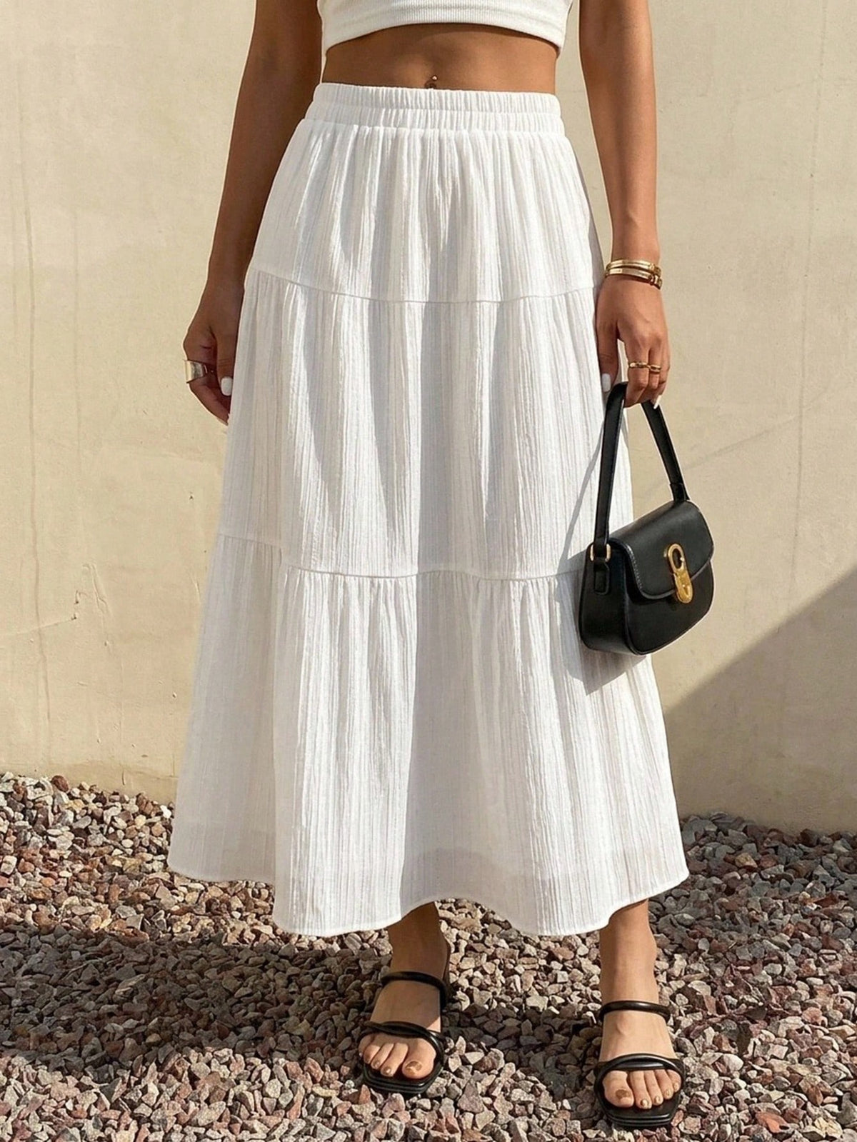 Dazy Designer Solid Elastic Waist Tiered Hem Skirt,Ladies Casual Ruffle Hem Long Loose Natural White Plain Women Skirts,Spring/Fall,Casual Daily Wear