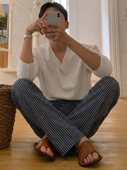 DAZY Men's Striped Elastic Waist Loungewear Bottoms, Spring/Summer Pajamas