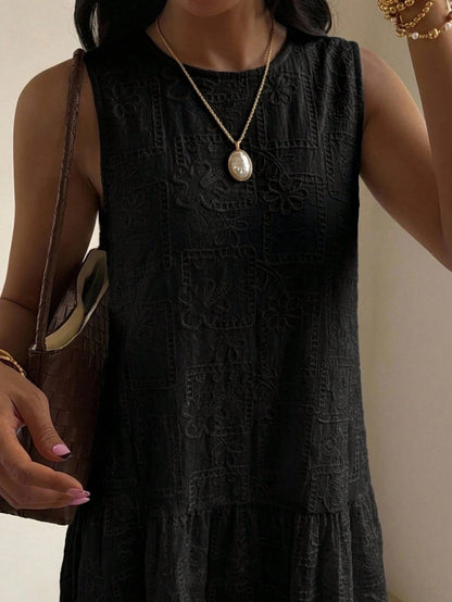 DAZY Round Neck Sleeveless Loose Black Embroidered Lace Fabric Patchwork Ruffle Hem Long Dress For Women