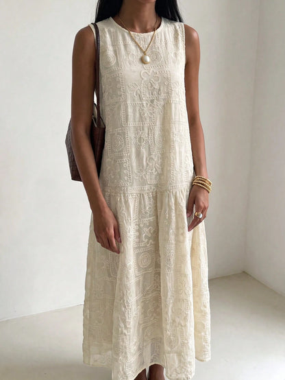 DAZY Round Neck Sleeveless Loose Black Embroidered Lace Fabric Patchwork Ruffle Hem Long Dress For Women