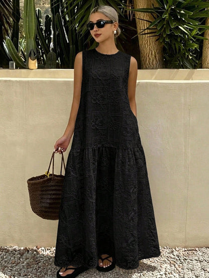 DAZY Round Neck Sleeveless Loose Black Embroidered Lace Fabric Patchwork Ruffle Hem Long Dress For Women