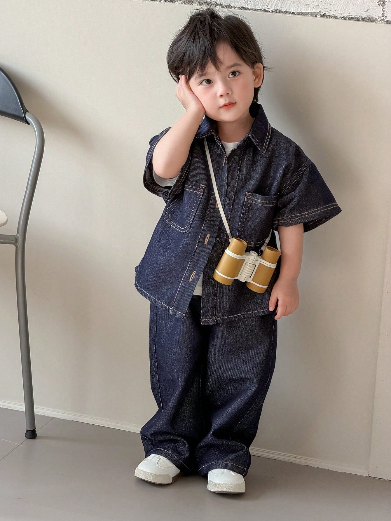 DAZY Toddler Boys' Washed Turndown Collar Casual Shirt & Loose Fit Jeans Set
