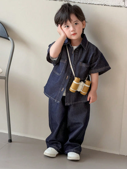 DAZY Toddler Boys' Washed Turndown Collar Casual Shirt & Loose Fit Jeans Set