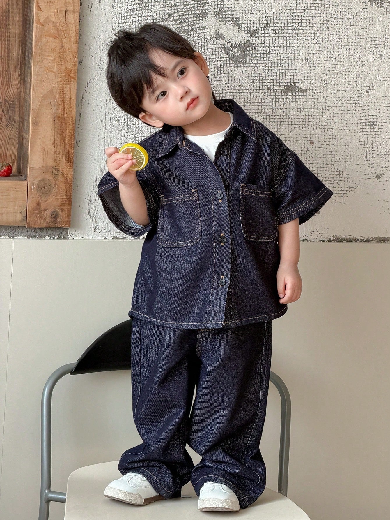 DAZY Toddler Boys' Washed Turndown Collar Casual Shirt & Loose Fit Jeans Set