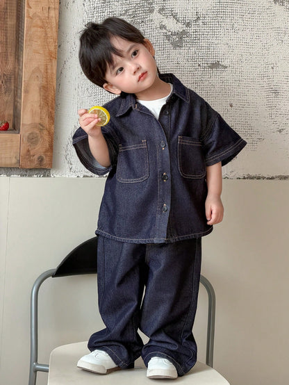 DAZY Toddler Boys' Washed Turndown Collar Casual Shirt & Loose Fit Jeans Set