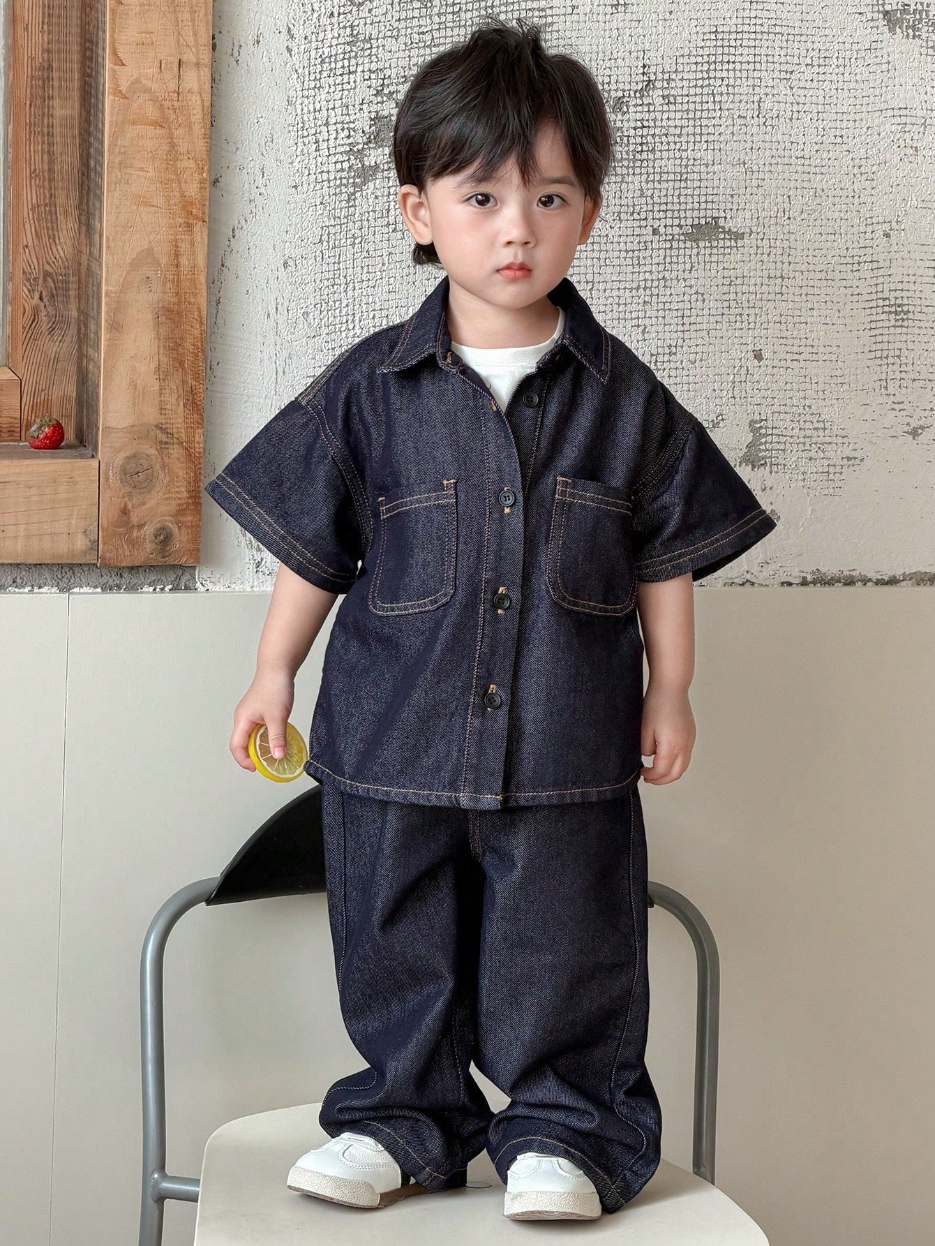 DAZY Toddler Boys' Washed Turndown Collar Casual Shirt & Loose Fit Jeans Set
