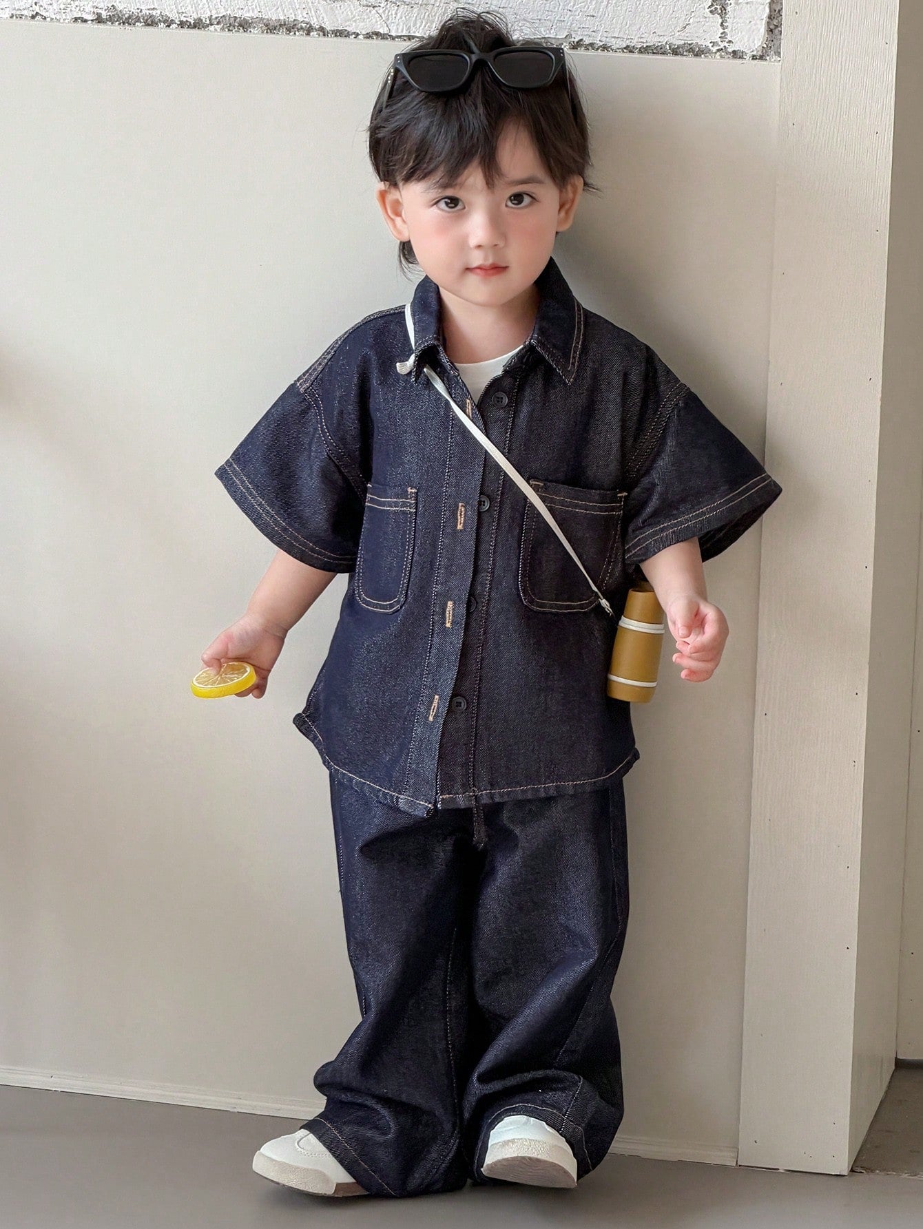 DAZY Toddler Boys' Washed Turndown Collar Casual Shirt & Loose Fit Jeans Set