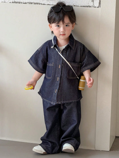 DAZY Toddler Boys' Washed Turndown Collar Casual Shirt & Loose Fit Jeans Set