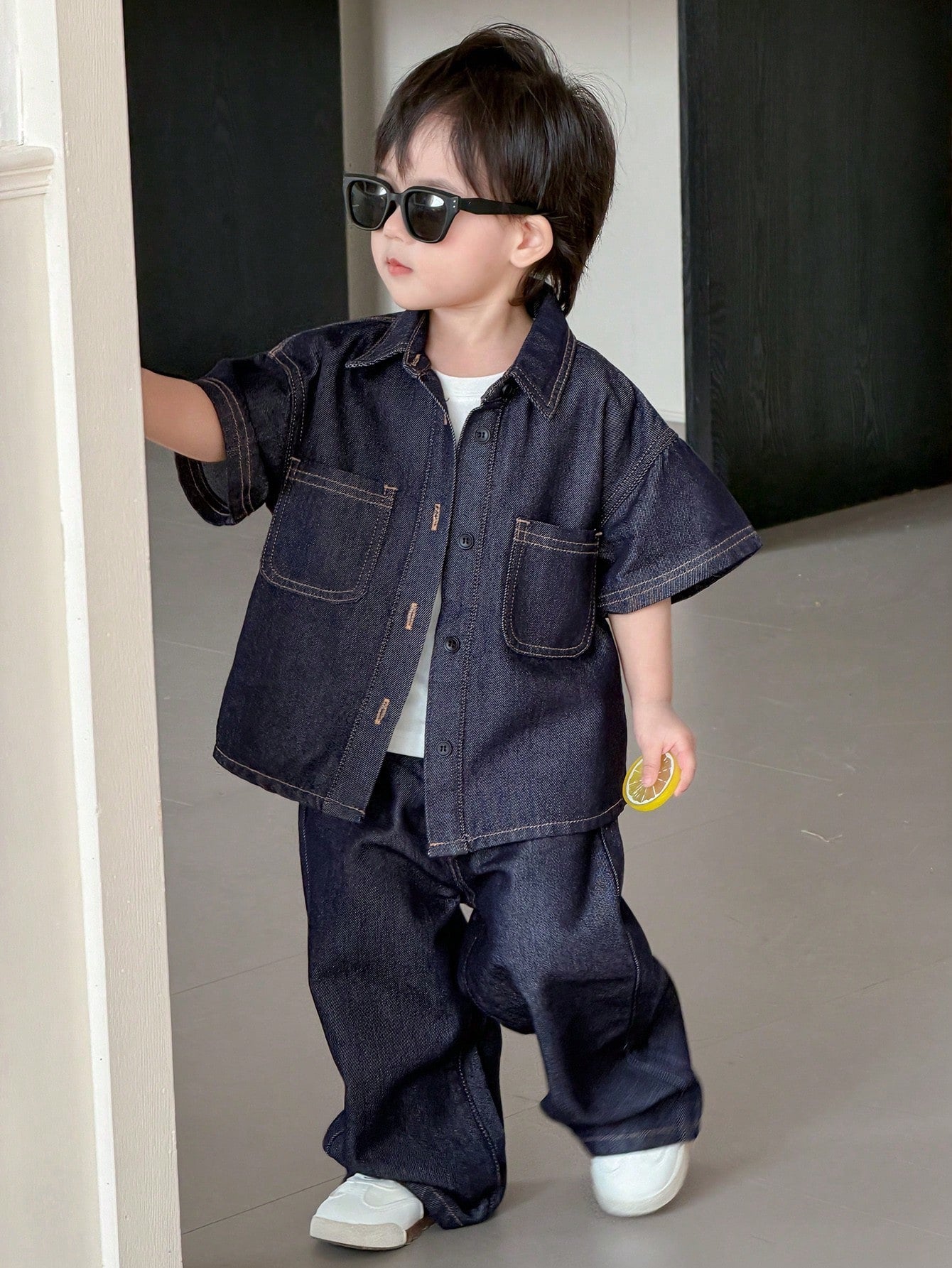 DAZY Toddler Boys' Washed Turndown Collar Casual Shirt & Loose Fit Jeans Set