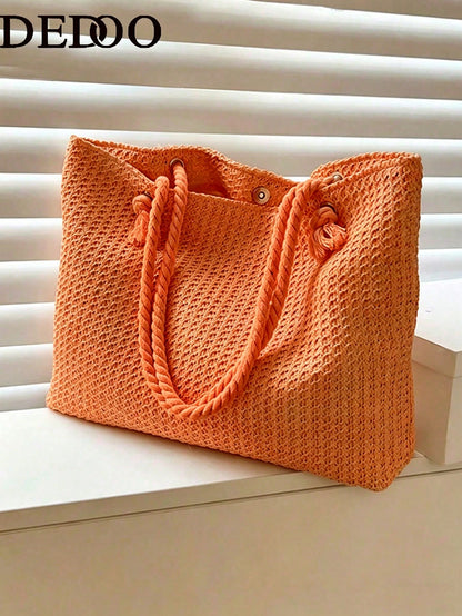 Dedoo Large Capacity Woven Tote Bag, Lightweight Shopping Shoulder Bag, Summer Travel Essential, Women's Holiday Handbag Backpack, Portable Vacation Essentials