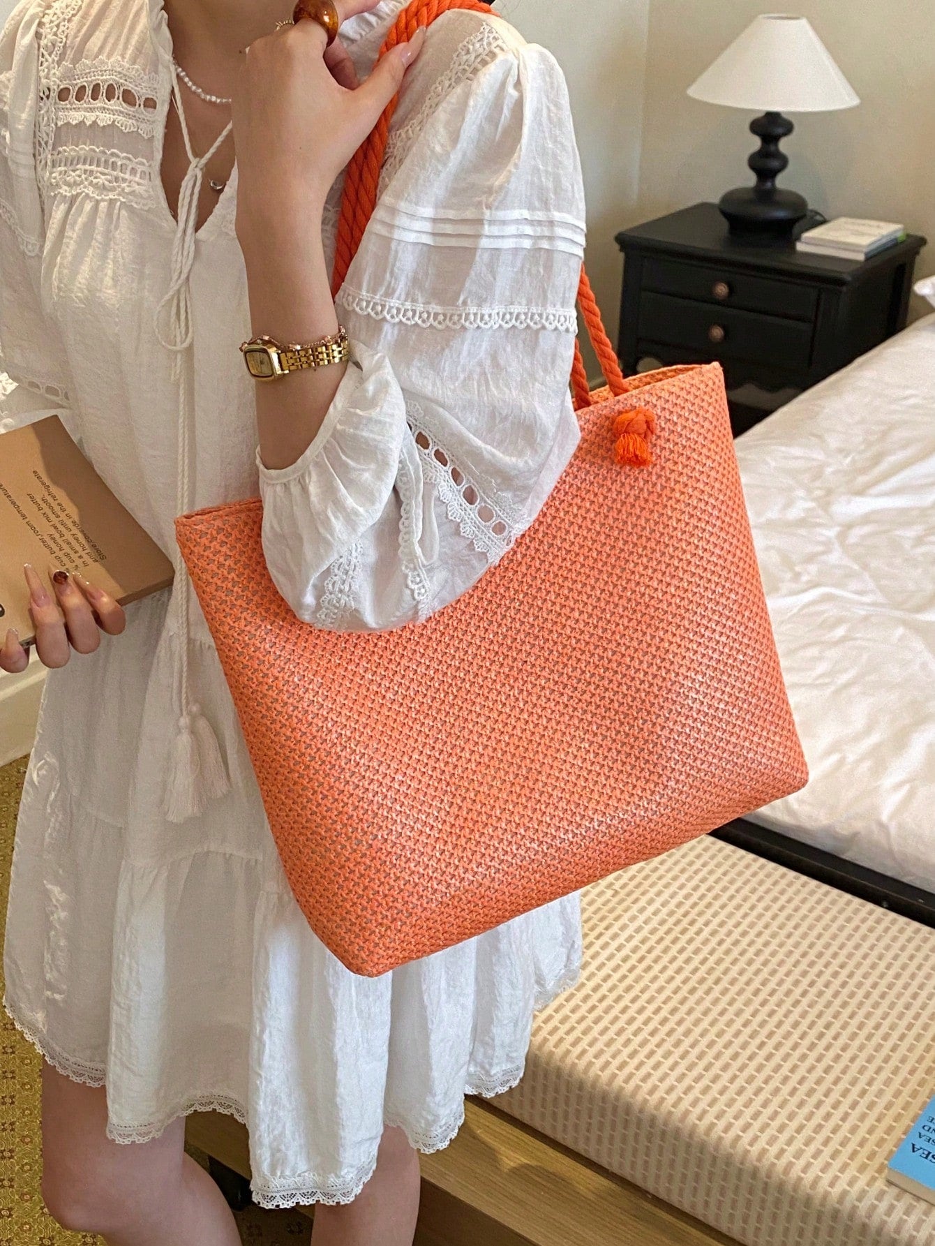 Dedoo Large Capacity Woven Tote Bag, Lightweight Shopping Shoulder Bag, Summer Travel Essential, Women's Holiday Handbag Backpack, Portable Vacation Essentials