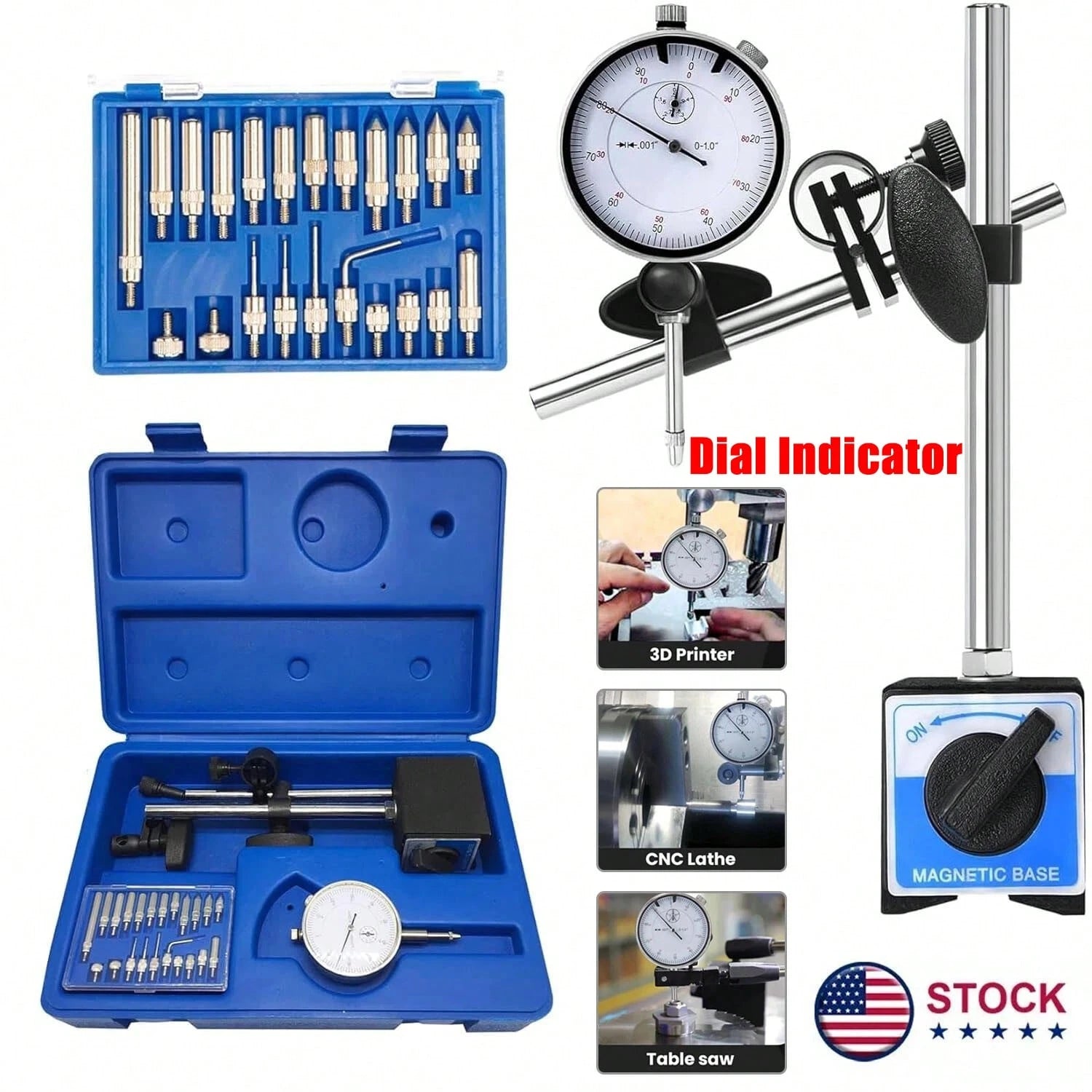 Dial Indicator With 140lbs Magnetic Base And 0.001"Precision Gauge Test Indicator Point Set, Fine Adjustable