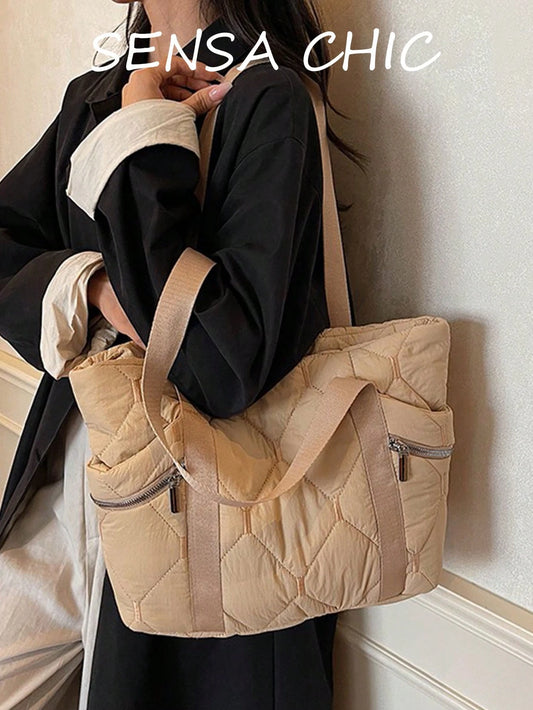 Diamond Quilted Texture Zipper Side Pocket Decor, Open Main Compartment With Zipper Closure Side Pockets, Balancing Practicality And Minimalist Style, Minimalist Commuter Casual Tote Bag, Large Capaci
