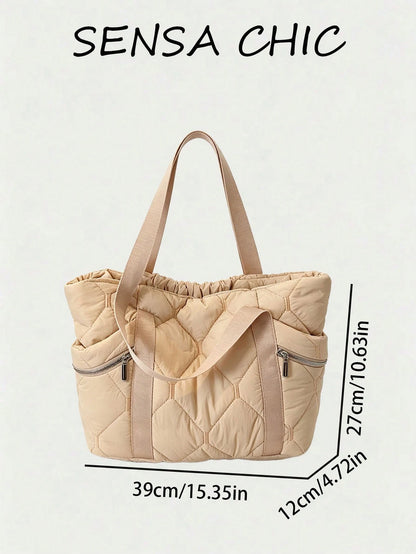 Diamond Quilted Texture Zipper Side Pocket Decor, Open Main Compartment With Zipper Closure Side Pockets, Balancing Practicality And Minimalist Style, Minimalist Commuter Casual Tote Bag, Large Capaci