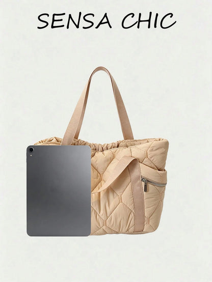 Diamond Quilted Texture Zipper Side Pocket Decor, Open Main Compartment With Zipper Closure Side Pockets, Balancing Practicality And Minimalist Style, Minimalist Commuter Casual Tote Bag, Large Capaci