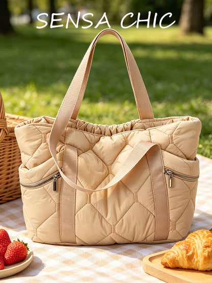 Diamond Quilted Texture Zipper Side Pocket Decor, Open Main Compartment With Zipper Closure Side Pockets, Balancing Practicality And Minimalist Style, Minimalist Commuter Casual Tote Bag, Large Capaci