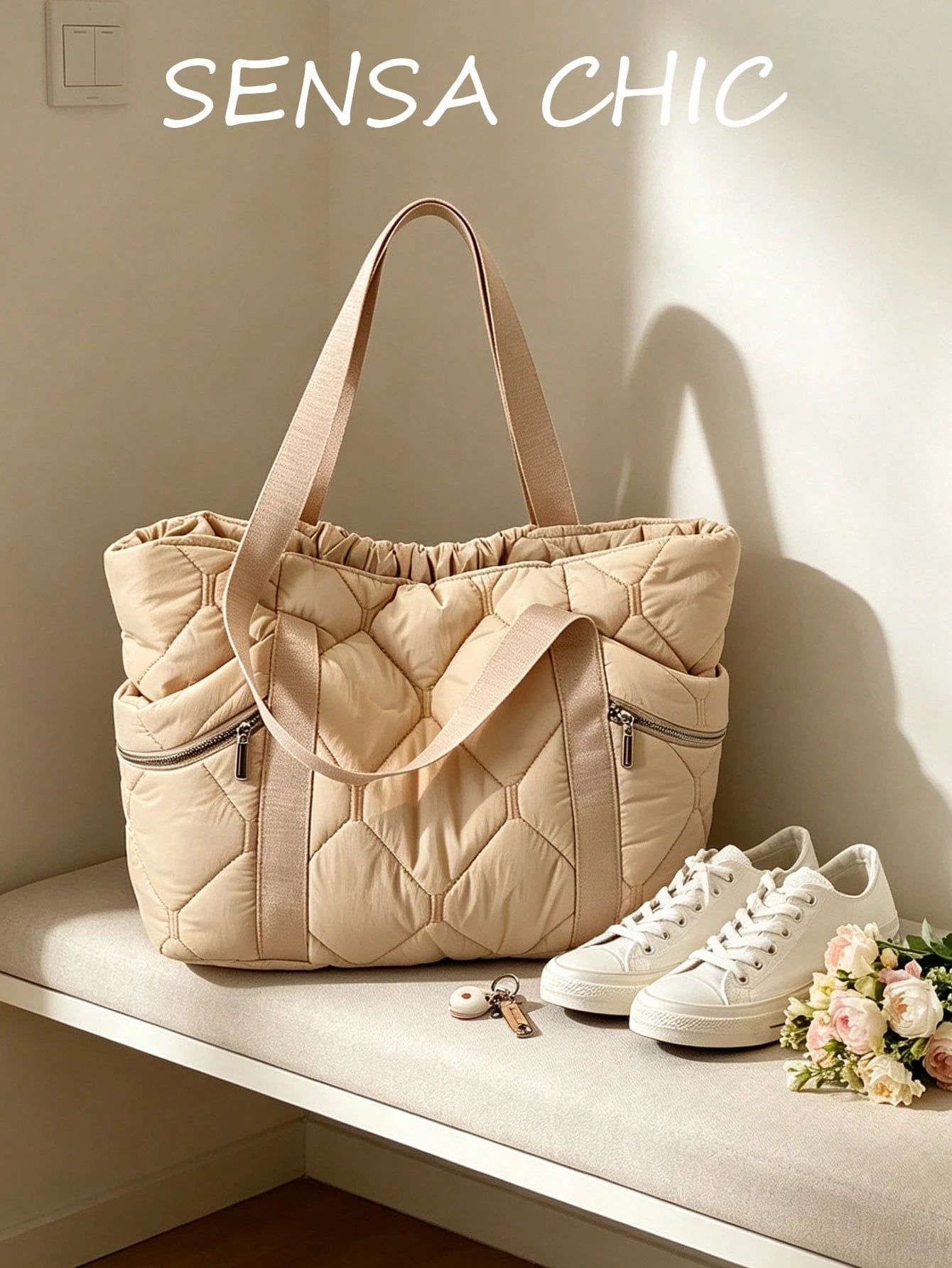 Diamond Quilted Texture Zipper Side Pocket Decor, Open Main Compartment With Zipper Closure Side Pockets, Balancing Practicality And Minimalist Style, Minimalist Commuter Casual Tote Bag, Large Capaci