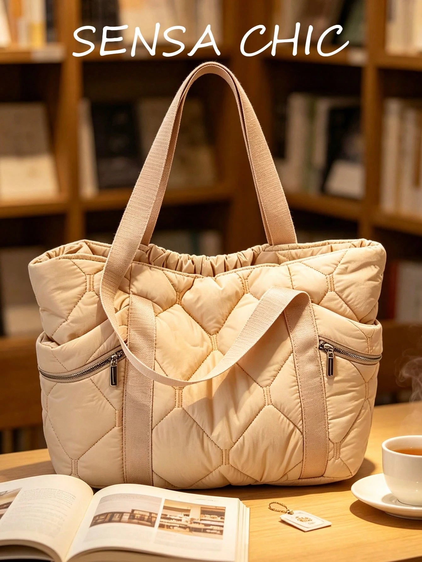 Diamond Quilted Texture Zipper Side Pocket Decor, Open Main Compartment With Zipper Closure Side Pockets, Balancing Practicality And Minimalist Style, Minimalist Commuter Casual Tote Bag, Large Capaci