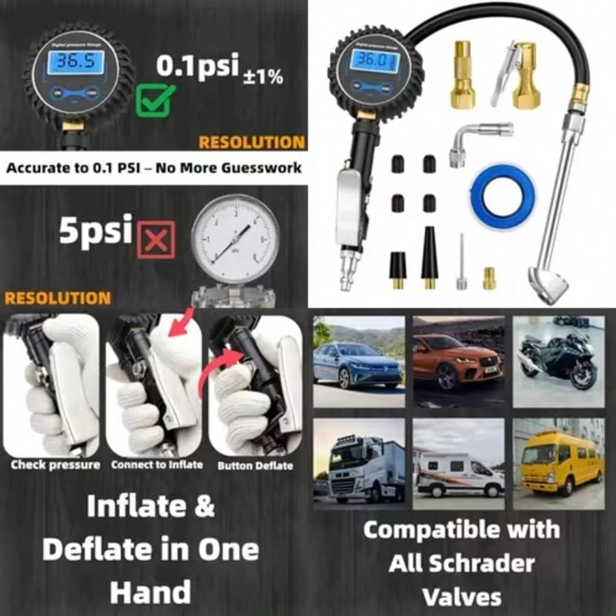 Digital Tire Inflator With Pressure Gauge 200 PSI High Accuracy Backlit Display For Automotive Additions Motorcycles Cars Suvs Rvs (With 3pcs Connector)